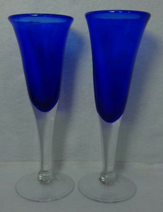 Cobalt Blue Set Of Two (2) Flute Champage Goblets - 9 " - Unknown Manufacturer