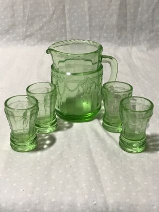 Vintage Miniature Green Depression Glass Pitcher With Four Glasses