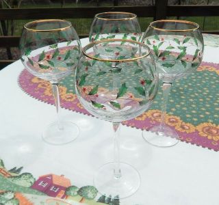 Lenox Balloon Stemmed Wine Glasses - Holiday Holly Pattern - Set Of 4
