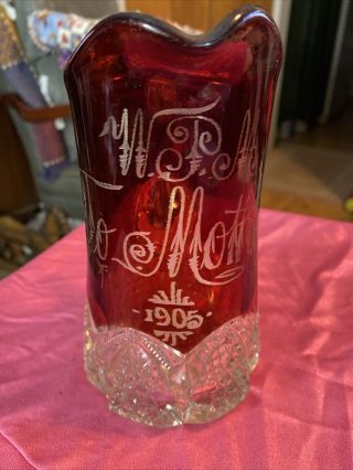 Vintage 1905 To Mother Ruby Red To Clear Cut Glass Flash Etched Pitcher