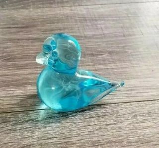 Vintage Hand Blown Blue Clear Glass Duckling Paperweight Figurine