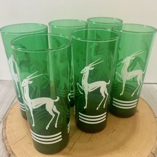 Vintage Green Mid Century Modern Drinking Glasses Set Of 6