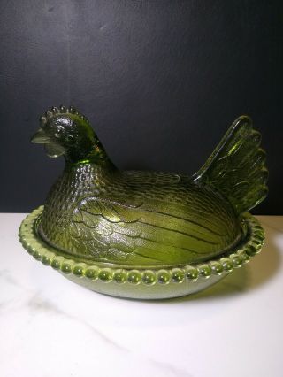 Vintage Indiana Glass Green Glass Hen on Nest Covered Dish Beaded Edge 3