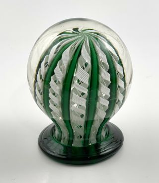 Vintage Murano Style Mid Century Blown Glass Green And White Lattice Paperweight