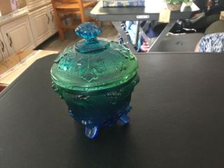 3 Footed Blue / Green Two Tone Glass Dish W/lid