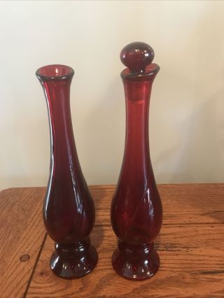 (2) Vintage Avon Ruby Red Glass Swirl Bud Vase,  One With Stopper
