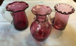 Vintage Hand Blown Cranberry Glass Vase/pitchers,  Set Of 3.