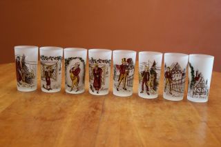 Eight Charles Dickens Frosted Glass Tumblers Scrooge,  Tiny Tim,  Fagin,  Etc.  Euc