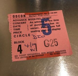 Dio Ticket Stub - London Hammersmith Odeon 1984 - Last In Line Tour - Rare
