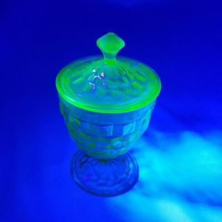 Vintage Uranium Jeanette Cubist Green Depression Glass Covered Candy Dish