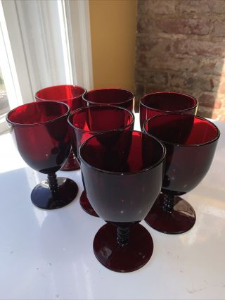 Set Of 7 Vintage Ruby Red 8oz Wine/water Stem Goblets/glasses