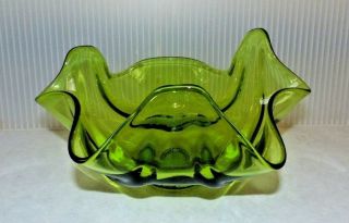 Mid Century Modern Vintage Hand Blown Glass Lime Green Wavy Dish 8 "