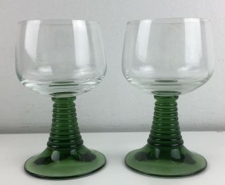 German Roemer Green Beehive Stem Wine Glasses 5 3/8 " Tall Vintage Mcm Pair 2