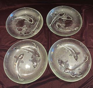Set Of 4 Vintage Kig Indonesia Clear Glass Plates With Raised Koi Fish 9 "
