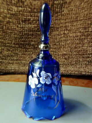 Vintage Fenton Hand Painted And Signed Cobalt Blue Anniversary Bell W/orig Label