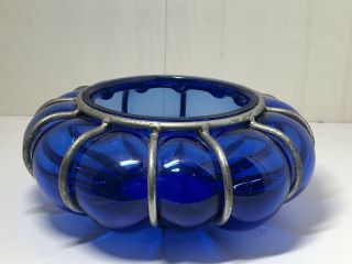Vintage Italian Hand Blown Cobalt Blue Art Glass Bowl Encased In Wire