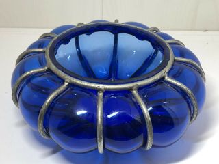Vintage Italian Hand Blown Cobalt Blue Art Glass Bowl Encased In Wire 2