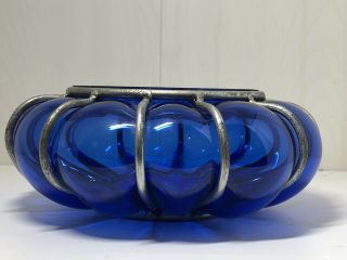 Vintage Italian Hand Blown Cobalt Blue Art Glass Bowl Encased In Wire 3