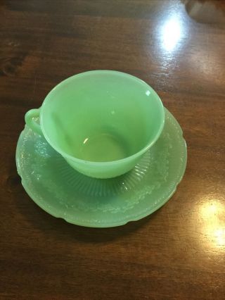 Vintage Fire King Jadeite Alice Pattern Tea Cup And Saucer