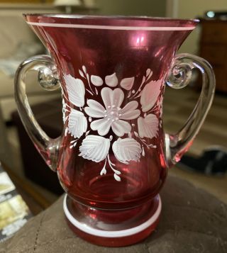 Vtg Fenton Mary Gregory White Floral Rim Cranberry Glass Vase 4” 2 Handle Marked