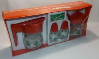 Nib Nos Vintage Gemco Corning Christmas Creamer Sugar Bowl Salt Pepper Shakers