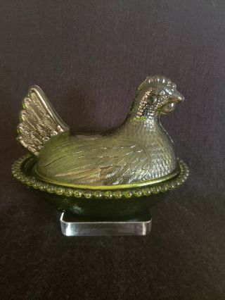 Vintage Green Glass Chicken/hen Covered - Candy/trinket - Dish/bowl