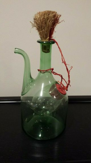 Vintage Hand Blown Italian Glass Wine Decanter With Ice Chamber Raffia Stoppers