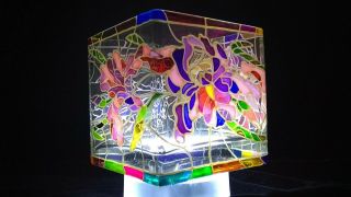Hand Painted Stained Glass Art Design Square Vase " Irises "