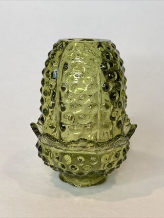 Vintage Fenton Hobnail Glass Olive Green Fairy Lamp Light Candle Holder Signed