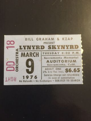 Lynyrd Skynyrd Concert Ticket Stub 3/9/76 Sacramento Ca 1976