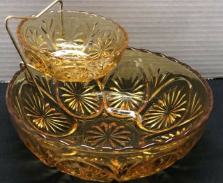Vintage Amber Starburst Glass Anchor Hocking Chip & Dip Bowl Set
