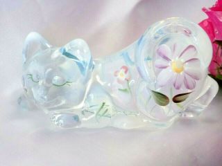 Fenton French Opalescent Glass Pouncing Cat/kitten Hp Pink Daisies
