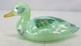Fenton Art Glass Duck Figurine Green Hand Painted Signed By D.  Wright