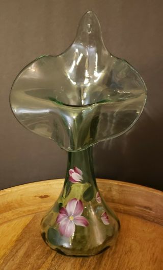 Vintage Fenton Green Glass Tulip Hand Painted Vase Jack In Pulpit Signed