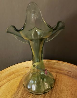 Vintage Fenton Green Glass Tulip Hand Painted Vase Jack in Pulpit Signed 2