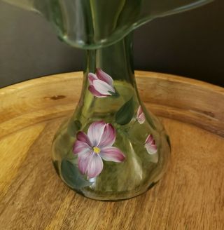 Vintage Fenton Green Glass Tulip Hand Painted Vase Jack in Pulpit Signed 3