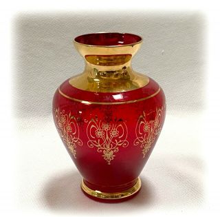Vintage Vecchia Murano Glass Bohemian Style Ruby Red Gold Colored Vase 5 "