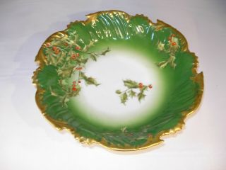 Antique Christmas Bowl: White W/green Border,  Holly & Berries,  Gold Edging