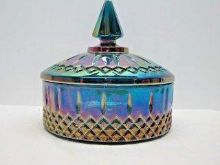 Vintage Blue Carnival Glass Candy Dish With Cover