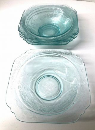 4 Vtg Aqua Teal Federal Pressed Glass Madrid Recollection 7 " Cereal Bowls