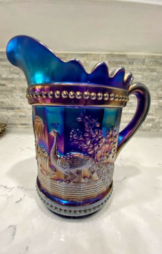 Rare Northwood Peacock On Fence Pitcher Electric Purple