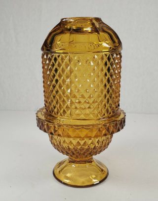 Vtg Viking Glass Diamond Point Amber Fairy Lamp Glimmer Tealight Candle Holder