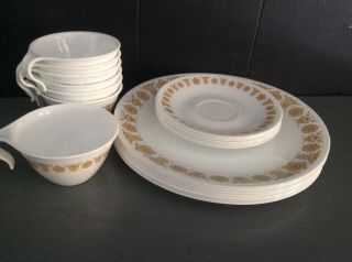 Vtg Corelle Corning Butterfly Gold Dinnerware Set 7 Cups,  5 Saucers,  7 Plate 19