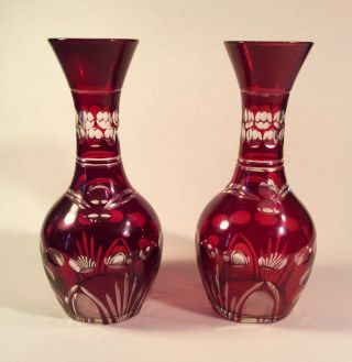 Pair Bohemian Czech Ruby Red To Clear Cut Glass Vases 7 - 5/8 " H
