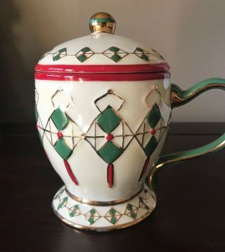 Waterford Holiday Heirlooms Argyle Mug Cup With Lid Red Gold Green Gorgeous