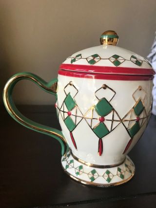Waterford Holiday Heirlooms Argyle Mug Cup with lid red gold green Gorgeous 3