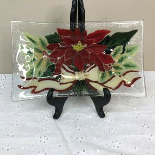 Vintage Peggy Karr Fused Glass Christmas Poinsettia 10”x6” Tray Plate