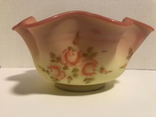 Old Vintage Fenton Glass Bowl Burmese Hand Painted Rose Signed By N Gribble
