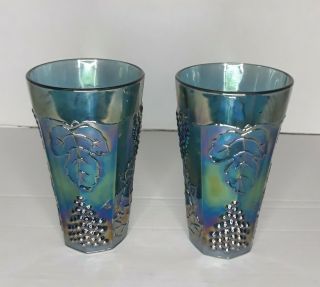 Set Of 2 Vintage Indiana Carnival Glass Iridescent Blue Harvest Grape Tumblers