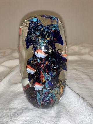 Handblown Art Glass Coral Reef Aquarium W/ Fish Paperweight Multi Colored